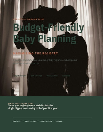 Front cover of a printed guide titled "Budget-Friendly Baby Planning" with a dark silhouette of a couple embracing in front of curtains, plus a dark green footer with subtitle text and publisher names.
